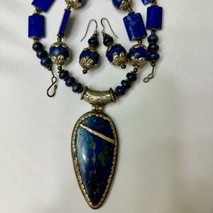 Large Lapis/Chrysocolla Necklace with Earrings - Artisan Handmade